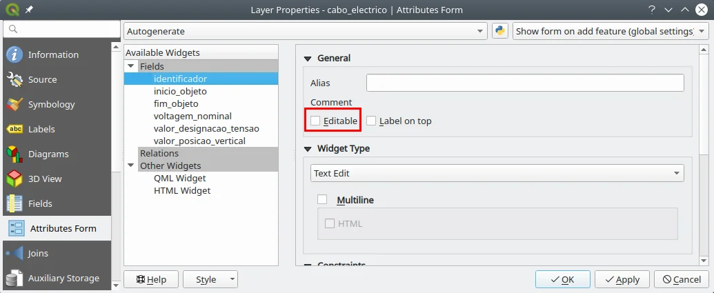 Layer Properties - cabo_electrico | Attributes Form_103